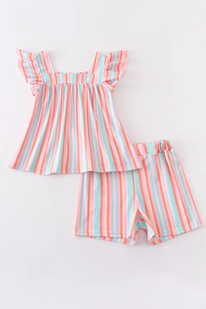 Stripe Ruffle Flutter Trim Shorts Set