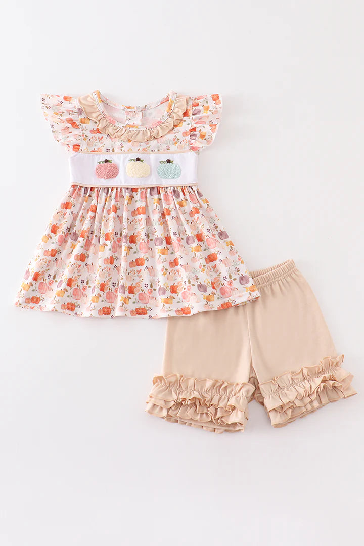 French Knot Pumpkin Ruffle Shorts Set