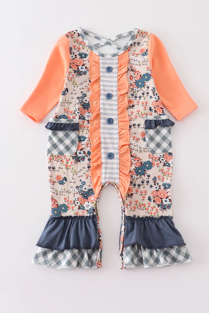 Orange Floral Ruffle Romper