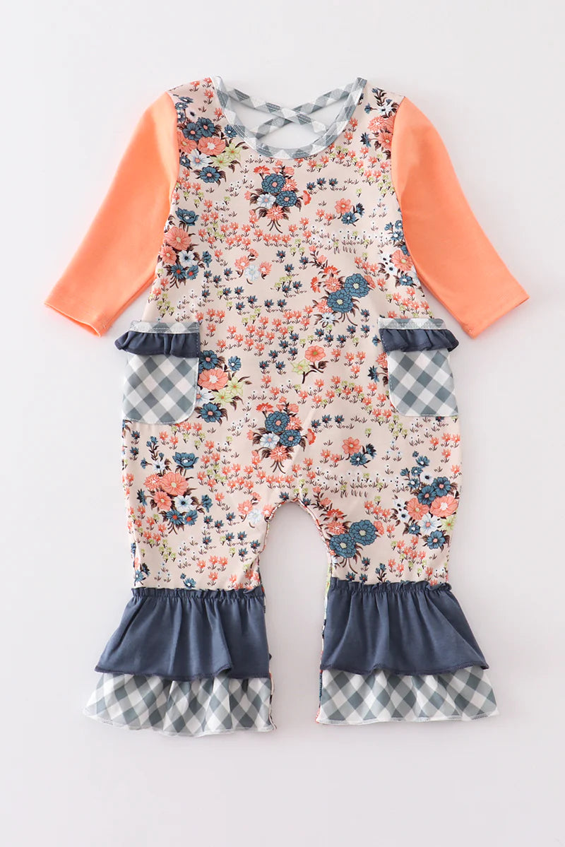 Orange Floral Ruffle Romper