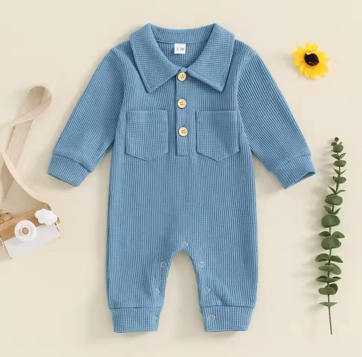 Waffle Knit Collared Romper: Blue