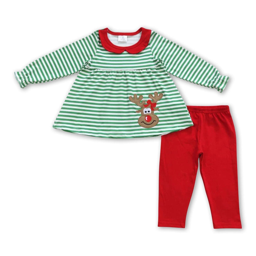 Reindeer Applique' Stripe Ruffle Pants Set