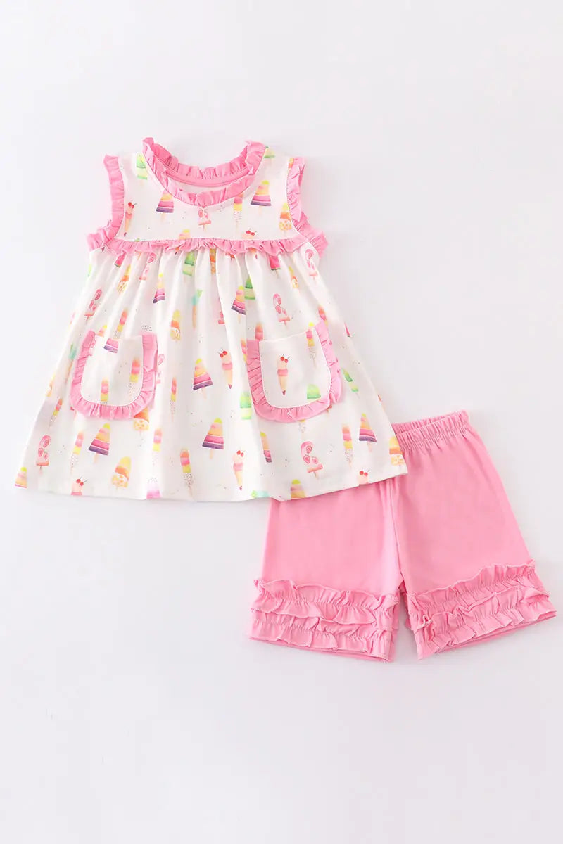 Pink Ice Cream Print Pocket Ruffle Set