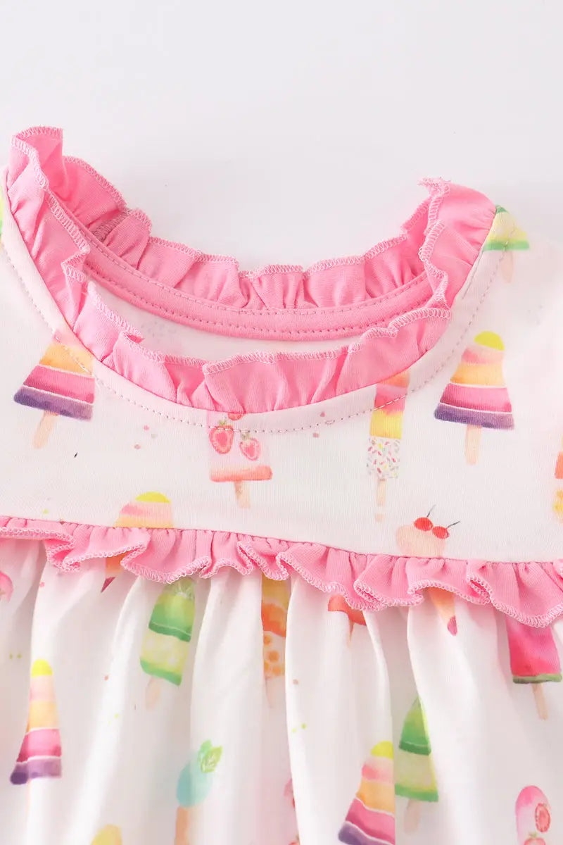 Pink Ice Cream Print Pocket Ruffle Set