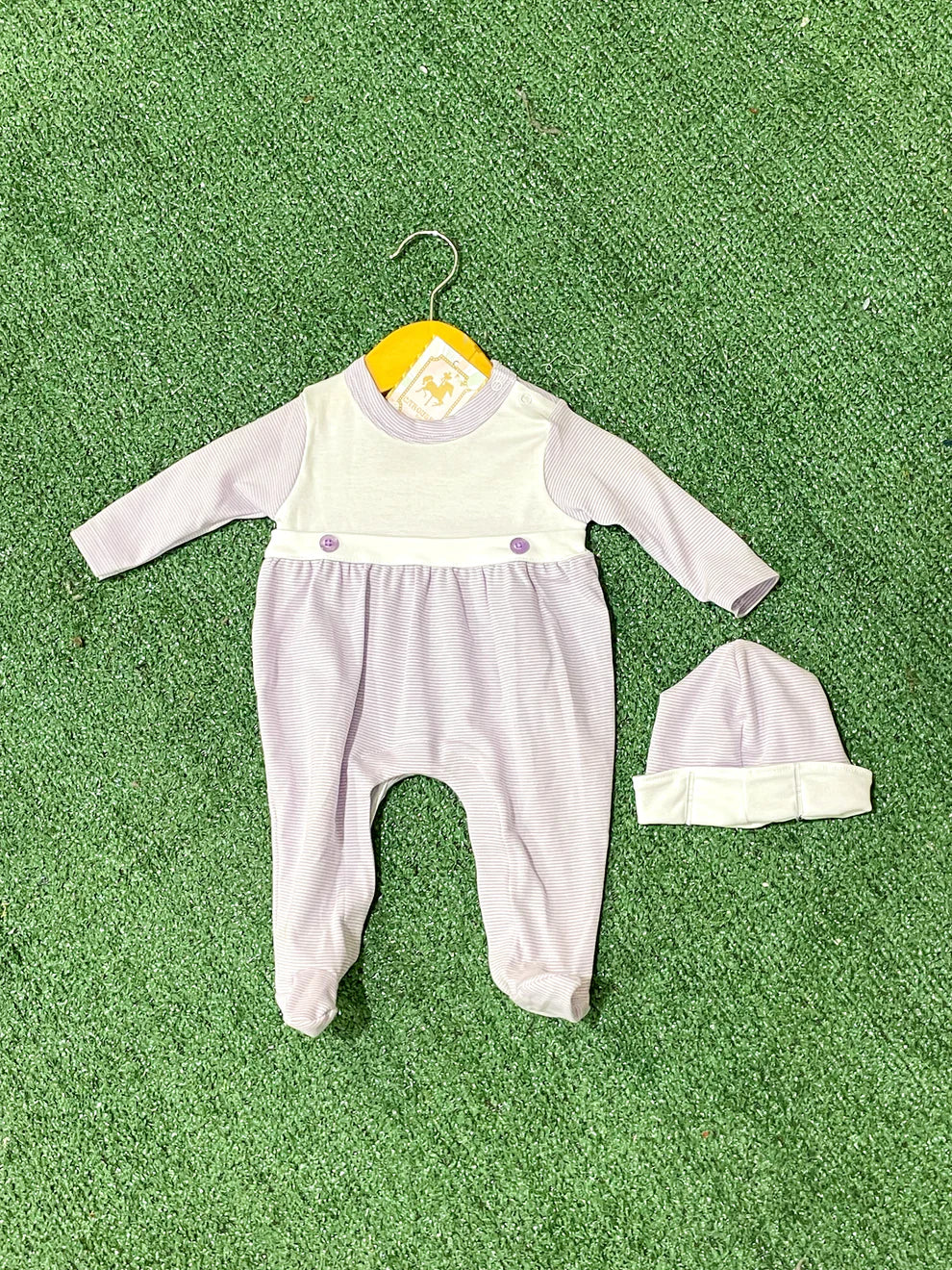 Lavender Stripe Bib-Front Footie & Hat