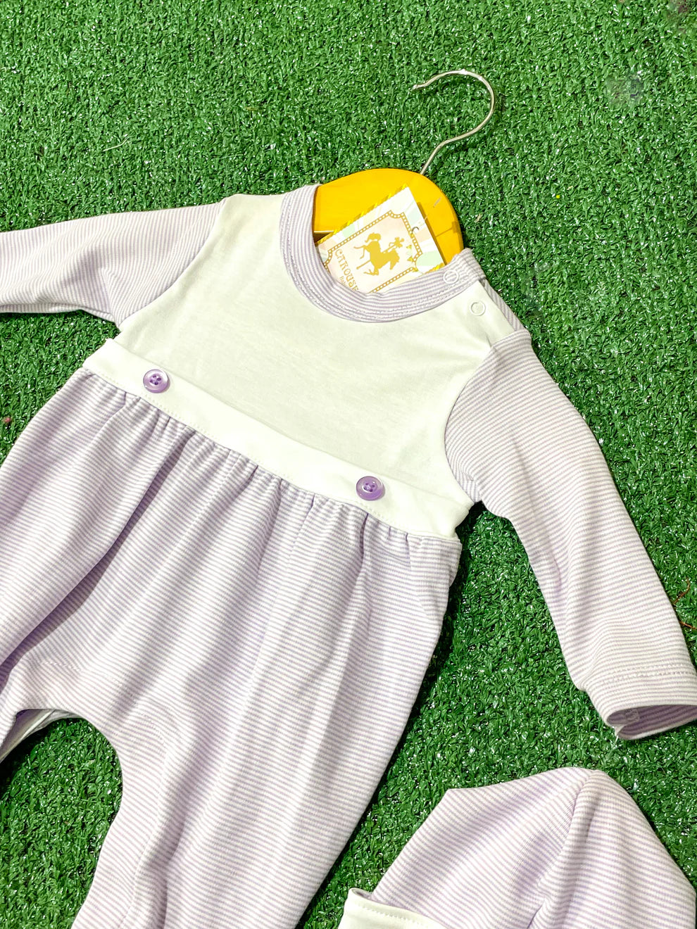 Lavender Stripe Bib-Front Footie & Hat