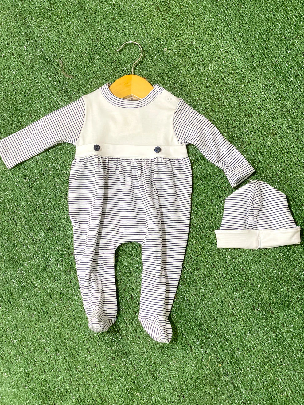 Navy Stripe Bib-Front Footie & Hat