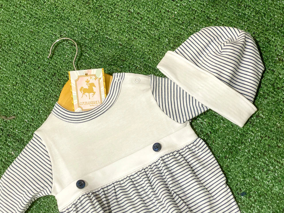 Navy Stripe Bib-Front Footie & Hat