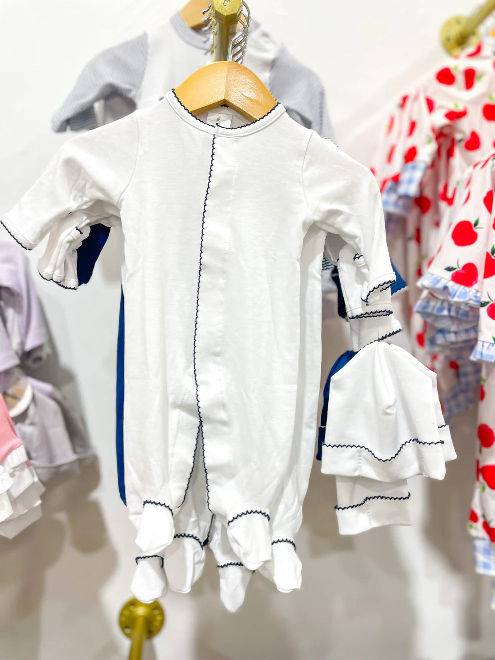 White w/ Navy Trim Footie & Hat