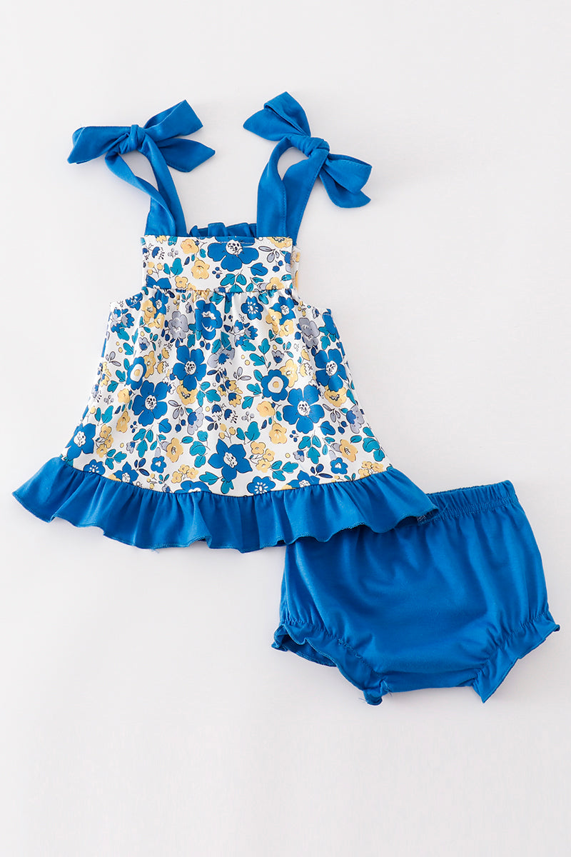 Blue Floral Tie Bloomers Set