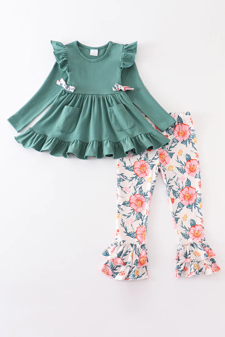 Green Floral Ruffle Pants Set