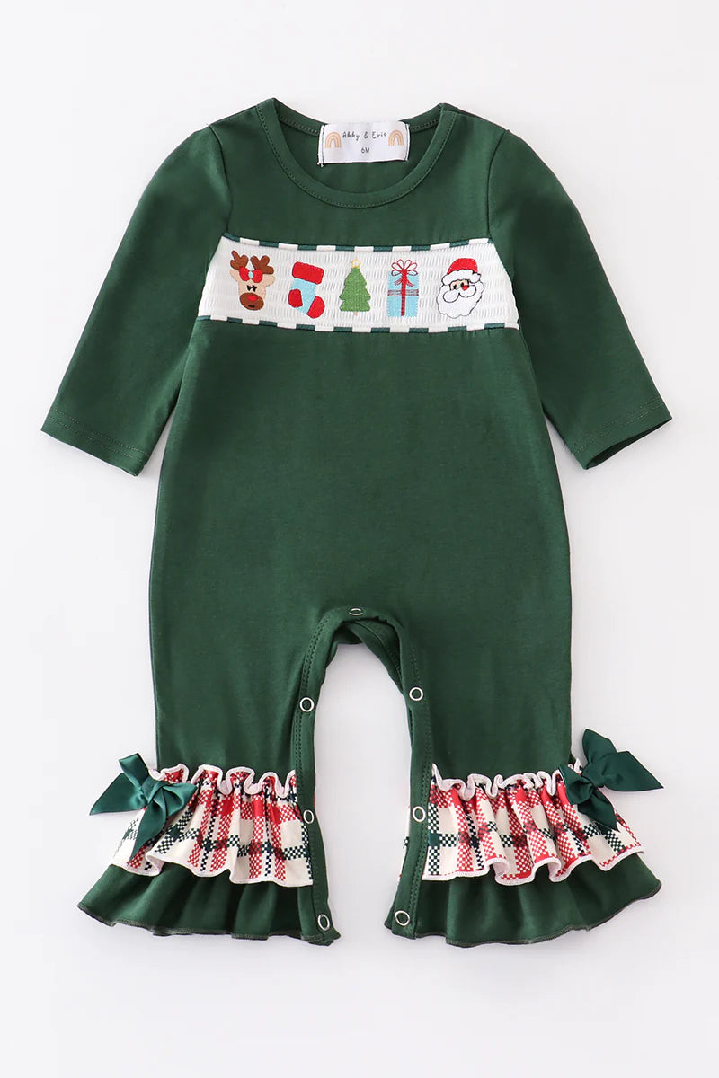 Green Christmas Smocked Ruffle Romper