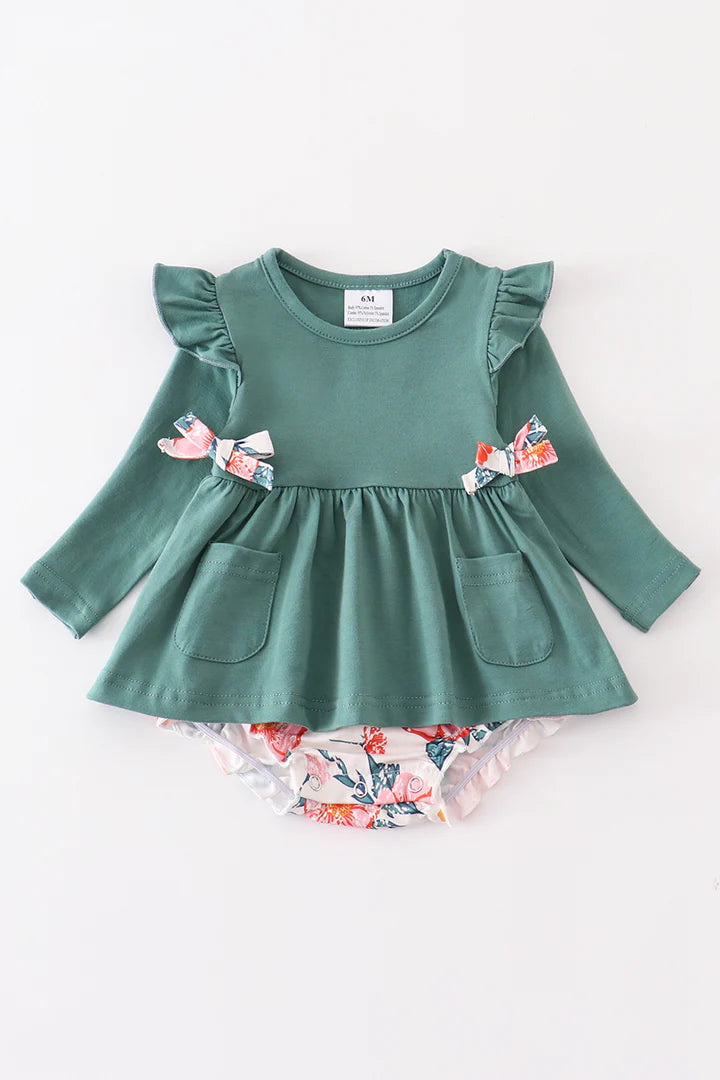 Green Floral Ruffle Romper