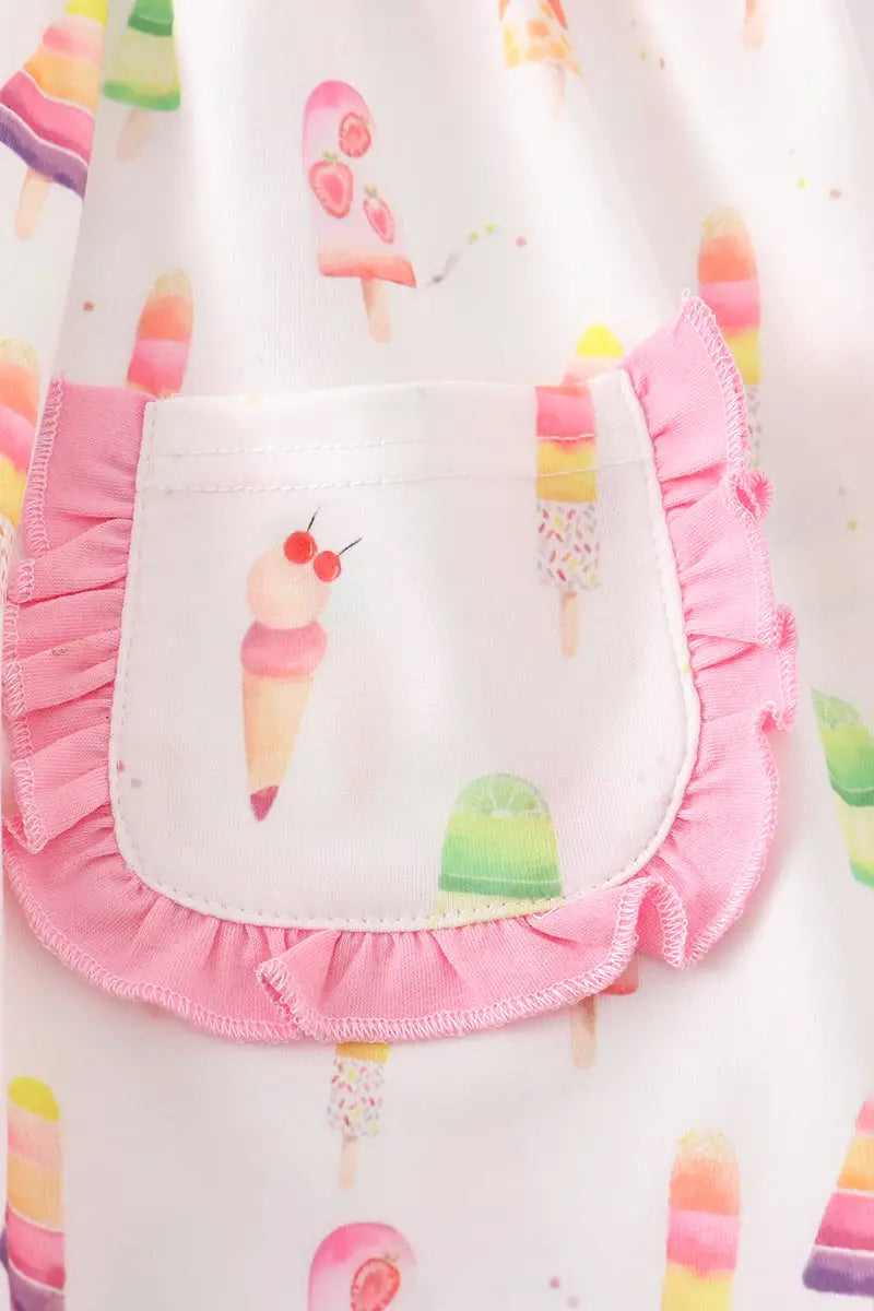 Pink Ice Cream Print Pocket Ruffle Set