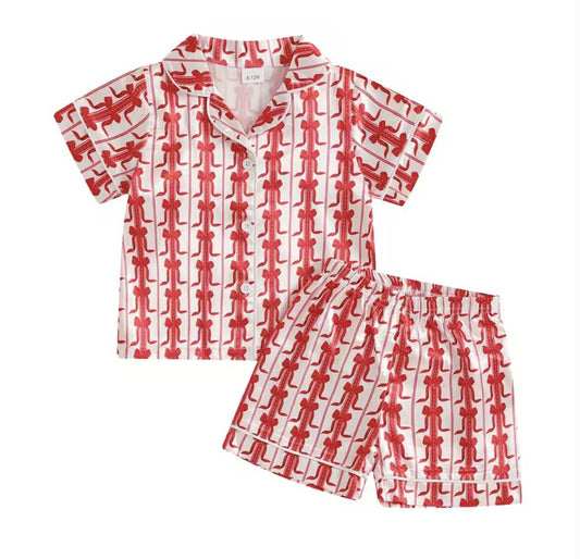 Red Bow Silk PJ Shorts Set