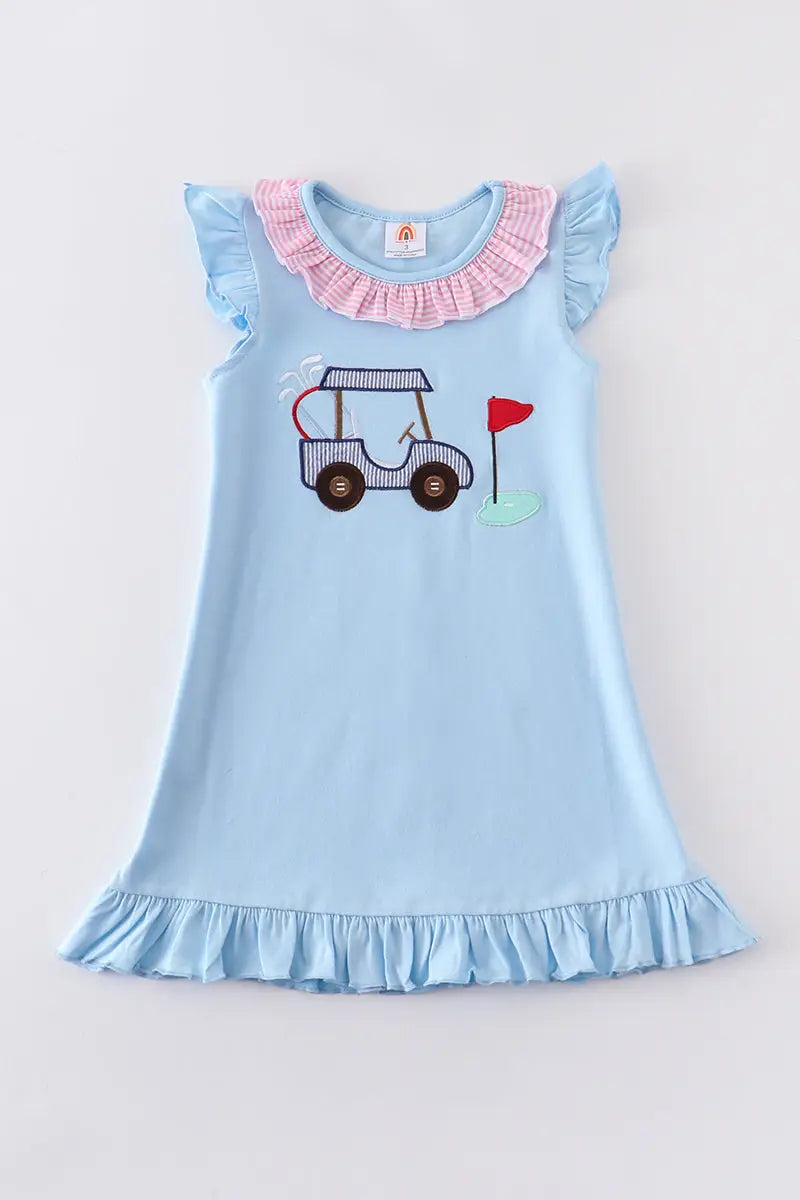 Blue Golf Embroidery Ruffle Dress