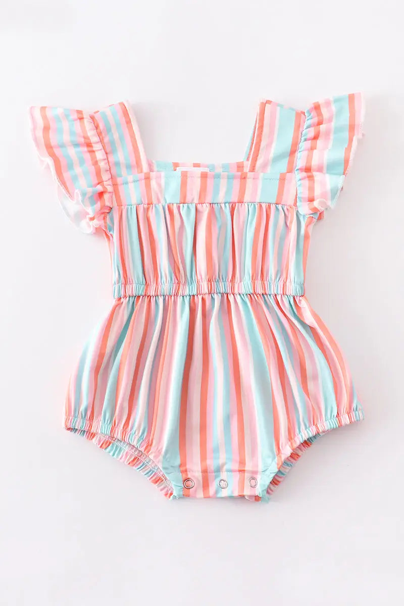 Stripe Ruffle Flutter Trim Romper