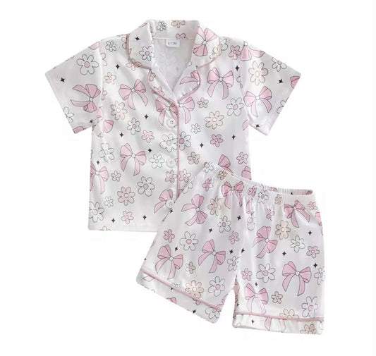 Flower Bows Silk PJ Shorts Set