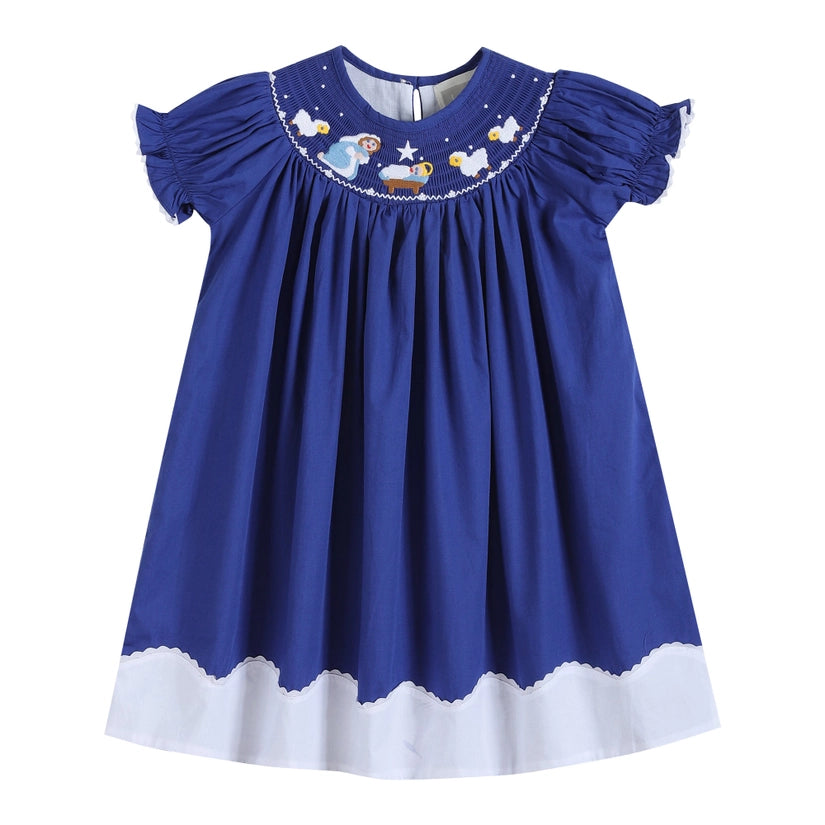 Blue Nativity Smocked Bishop Dress