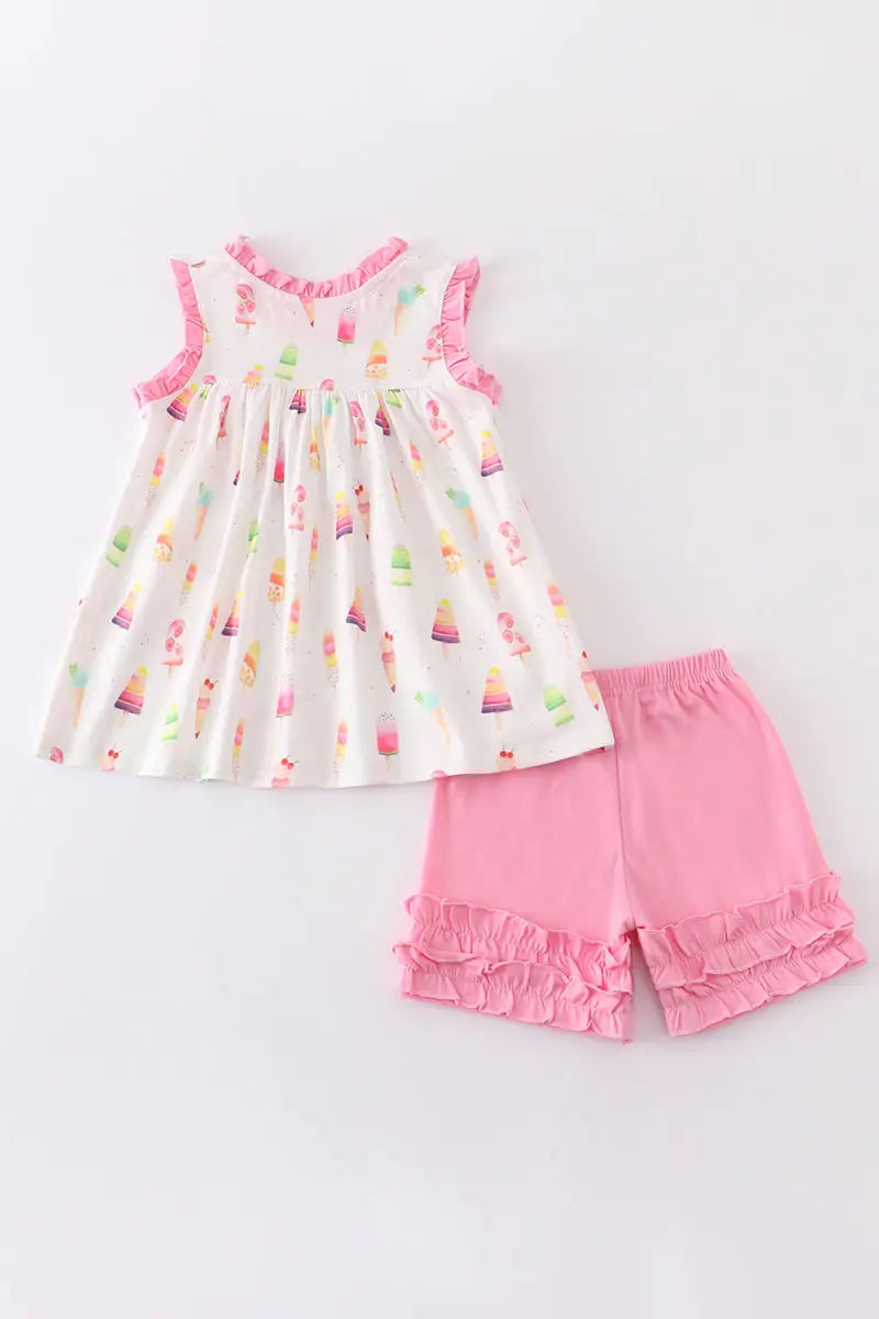Pink Ice Cream Print Pocket Ruffle Set