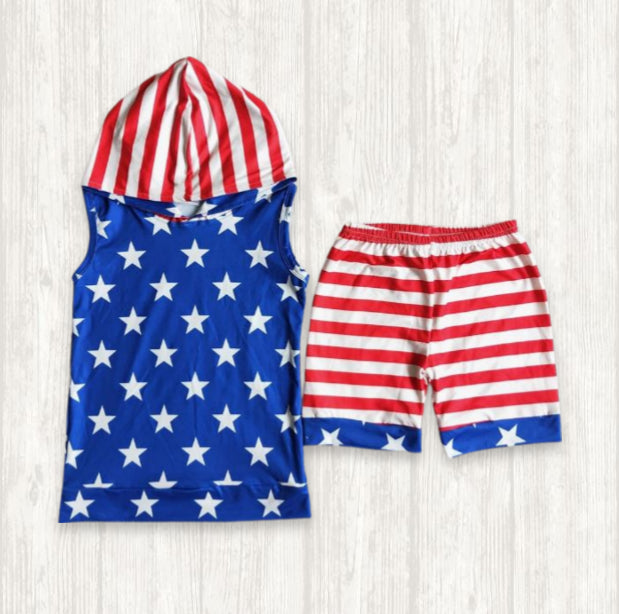 Hooded Top Star Striped Shorts Set Royal