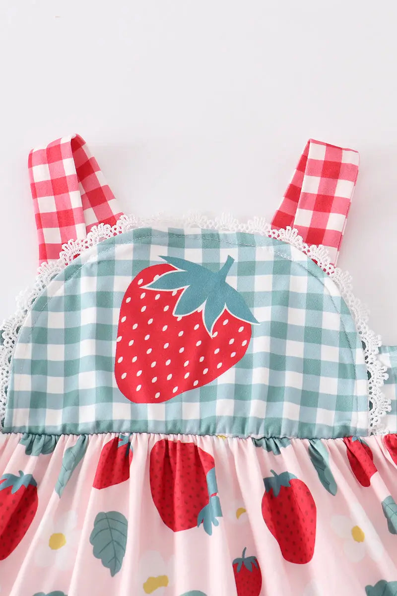 Green Plaid Strawberry Ruffle Dress