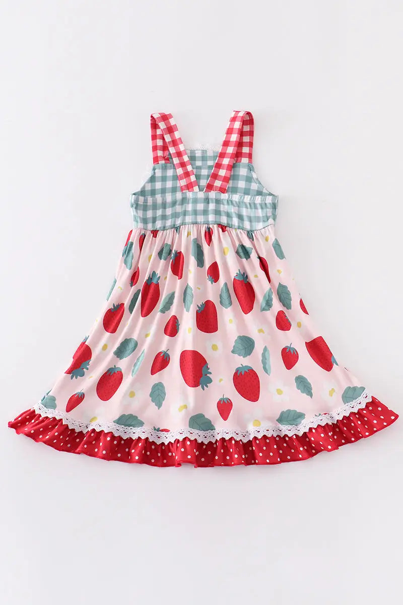 Green Plaid Strawberry Ruffle Dress