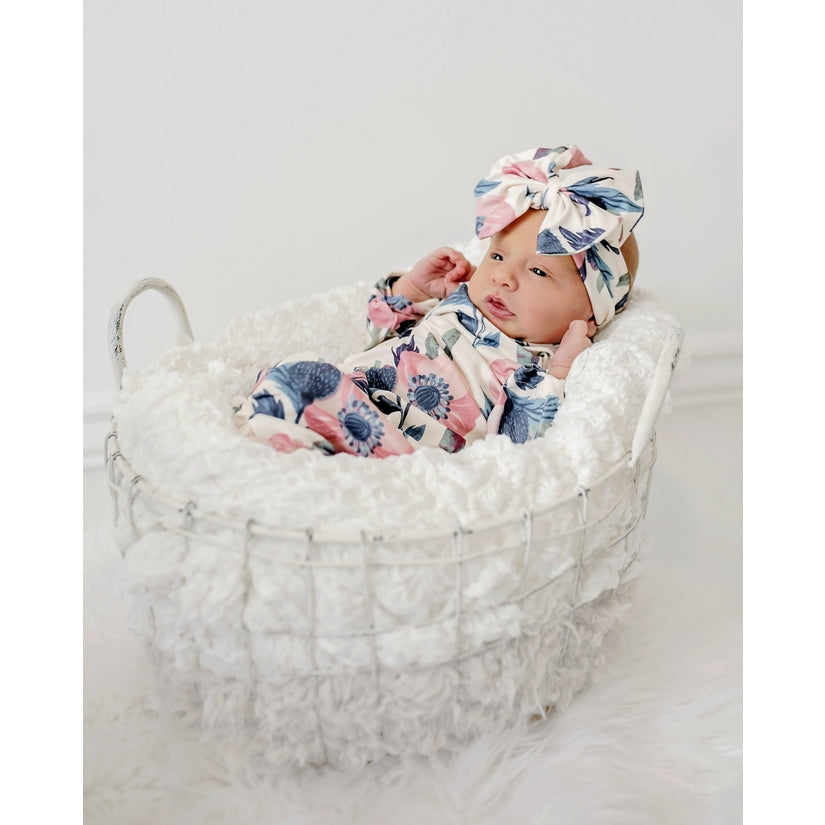 Pink Flowers Baby Gown and Bow Headband