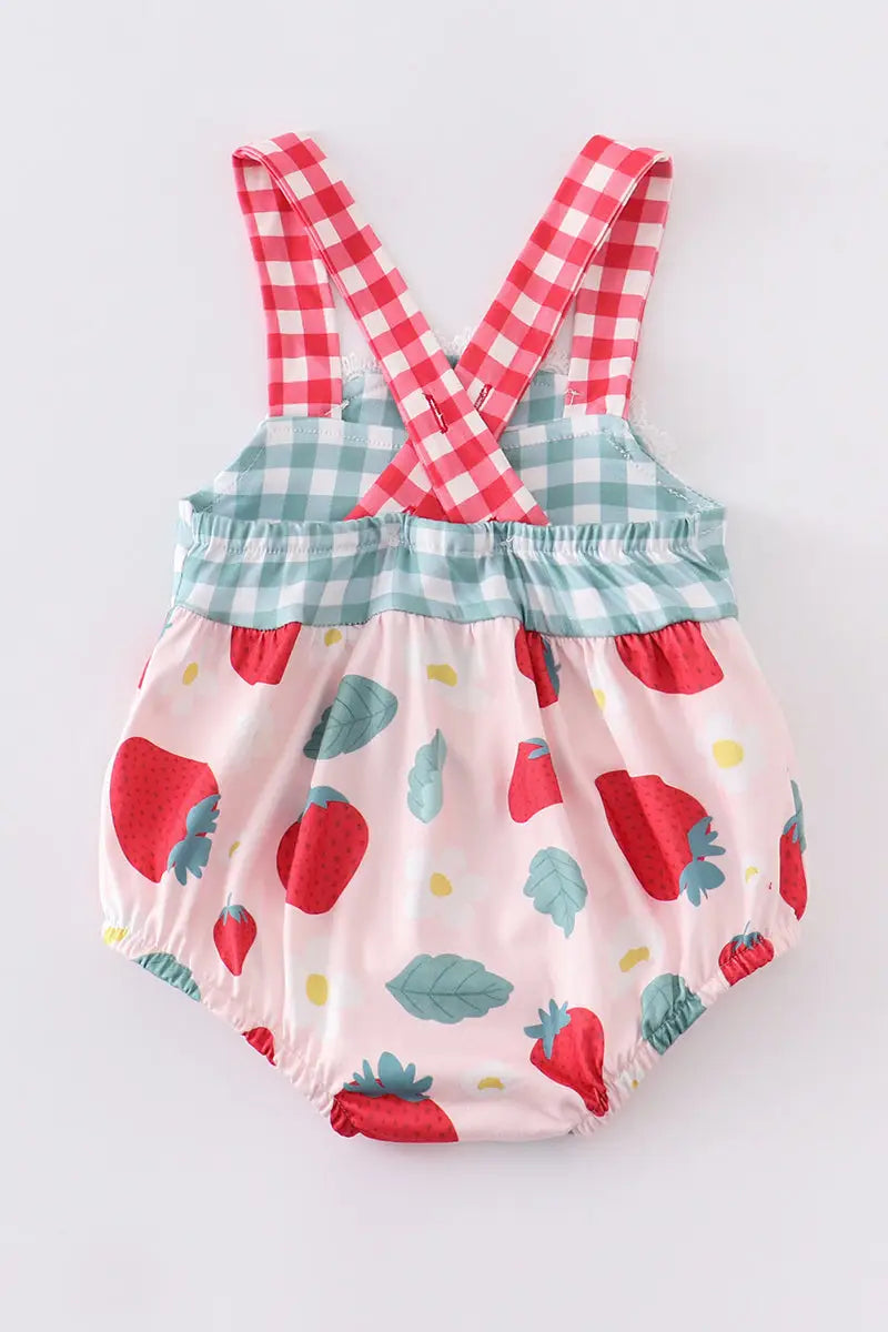 Green Plaid Strawberry Ruffle Romper