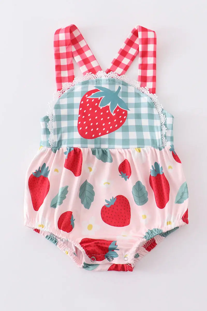 Green Plaid Strawberry Ruffle Romper