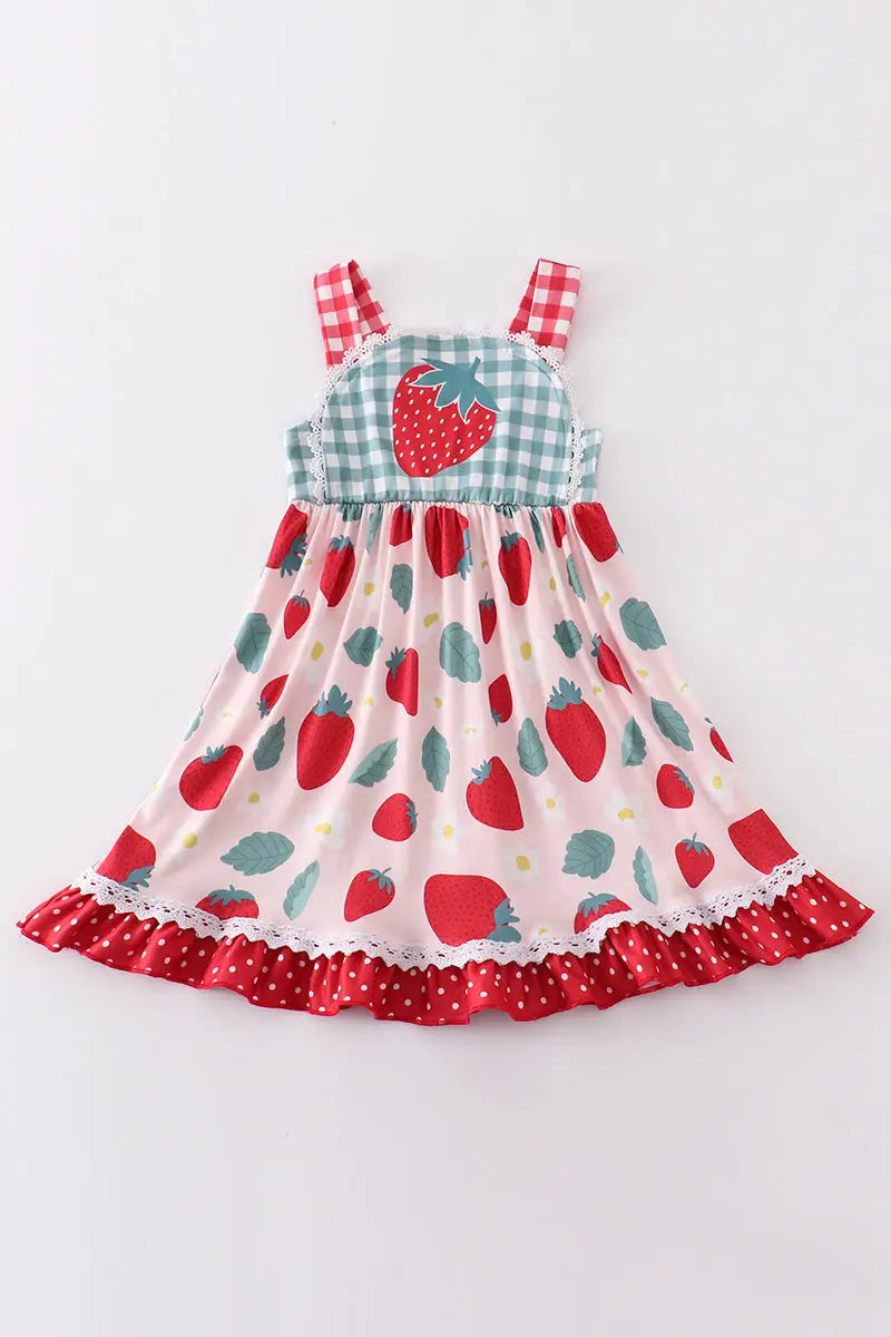 Green Plaid Strawberry Ruffle Dress