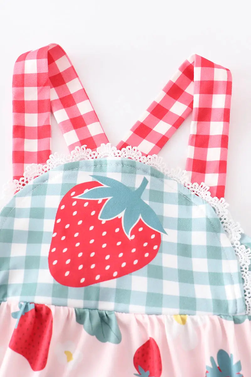 Green Plaid Strawberry Ruffle Romper