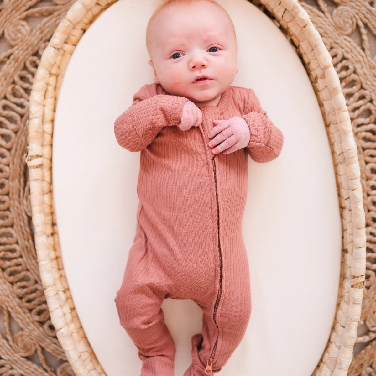 Organic Cotton Ribbed Footie: Terracotta