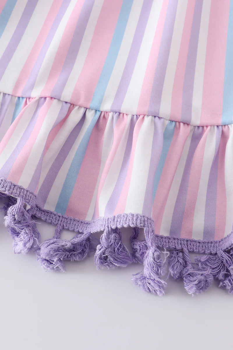 Purple Stripe Smocked Tassel Dress