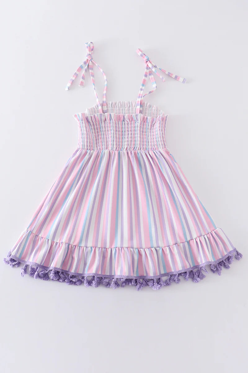 Purple Stripe Smocked Tassel Dress