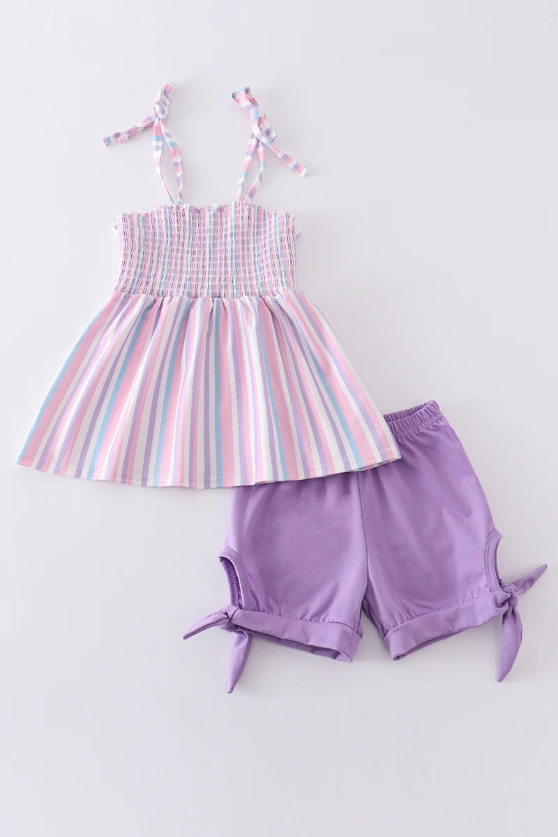 Smocked Purple Stripe Shorts Set