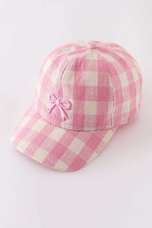 Pink Plaid Bow Embroidered Cap