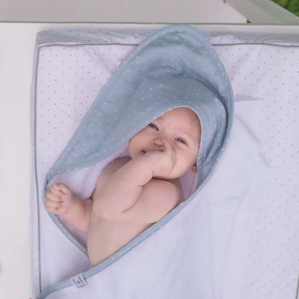 Organic Cotton Hooded Baby Towel: Ice Blue Dotty