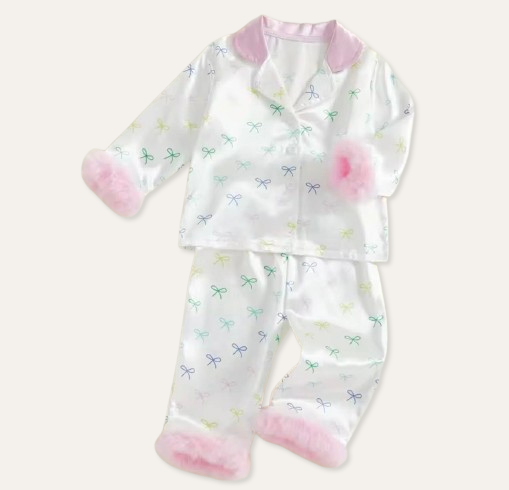White Bow Feathered Silk PJs