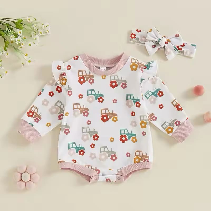 Tractor & Flowers Ruffle Romper