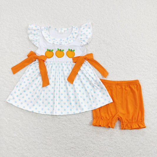 Embroidered Peaches Bow Shorts Set