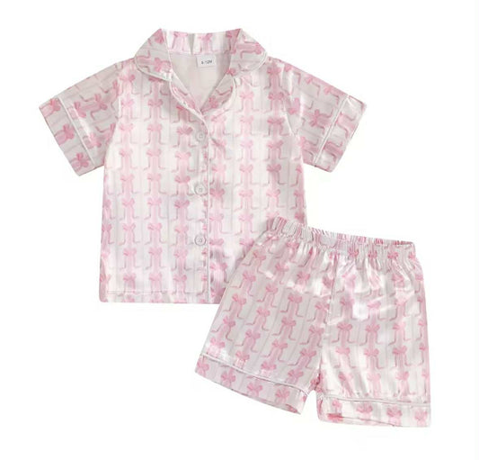 Pink Bow Silk PJ Shorts Set