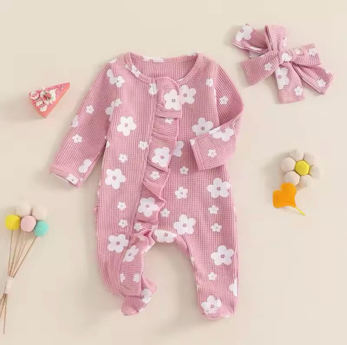 Waffle Knit Floral Ruffled Sleeper: Pink