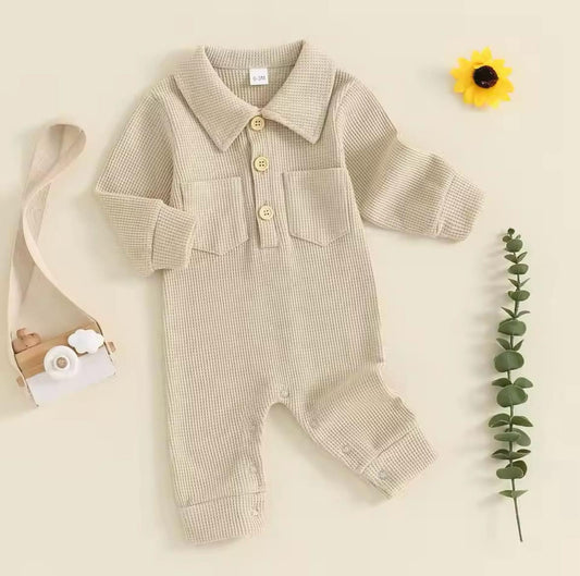 Waffle Knit Collared Romper: Tan