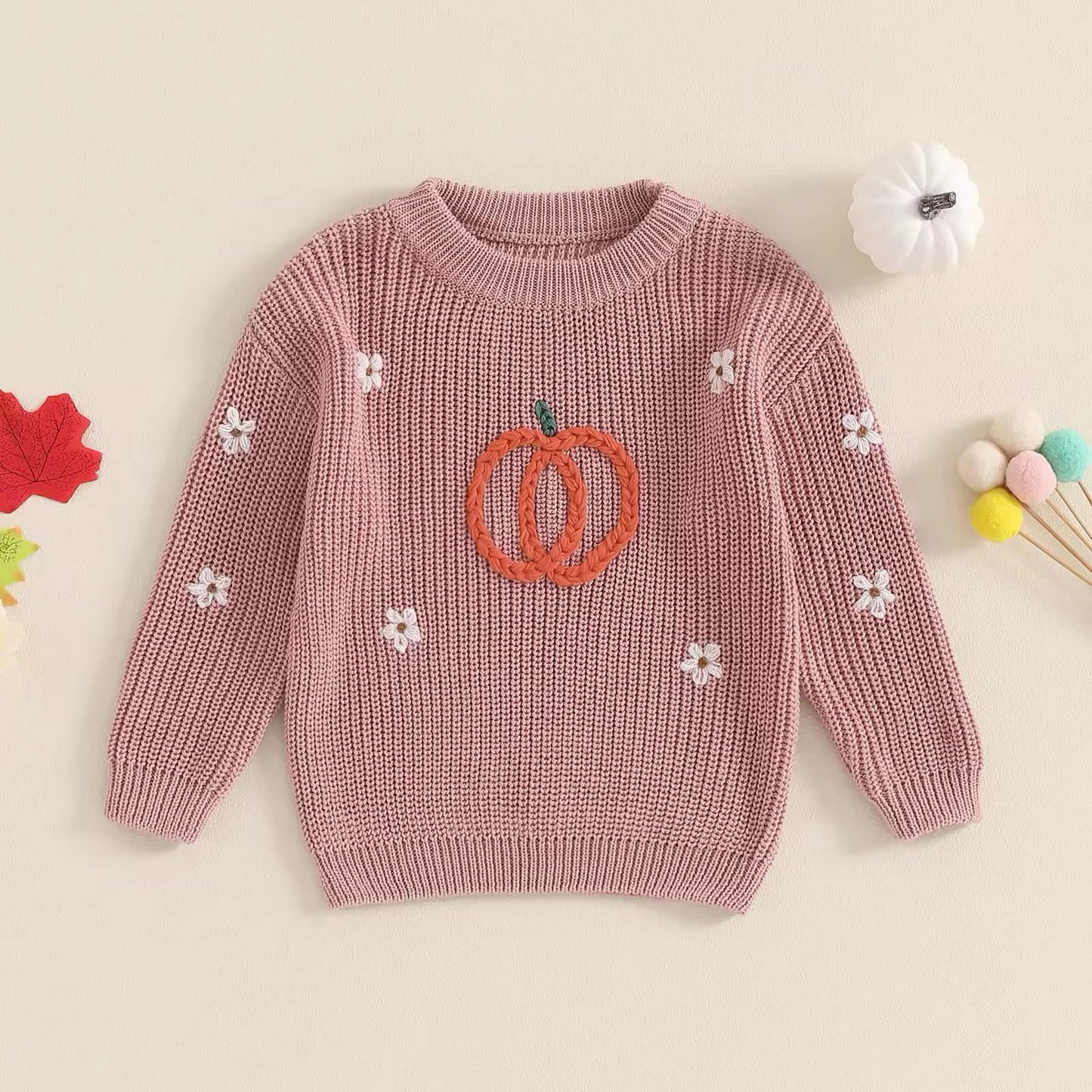 Pink Knit Pumpkin & Flowers Sweater