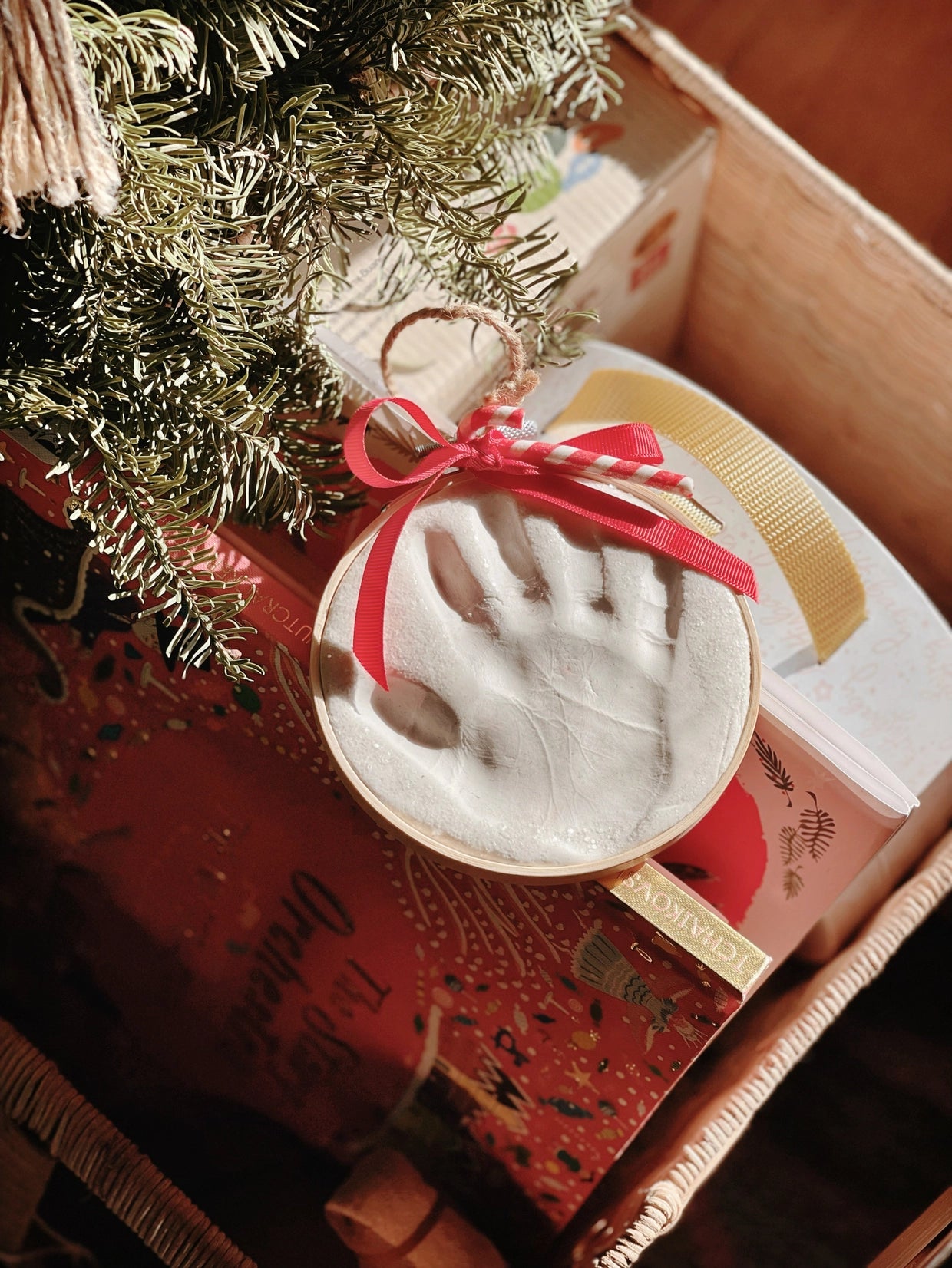 Claydough Handprint Ornament in Wood Ring