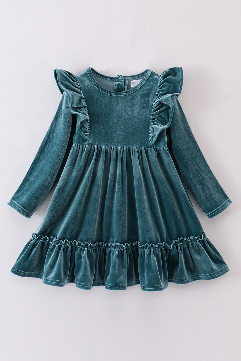 Teal Velvet Ruffle Dress