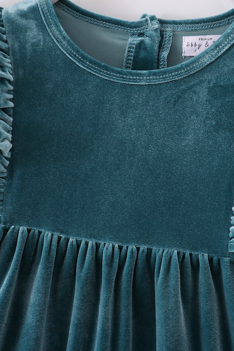 Teal Velvet Ruffle Dress