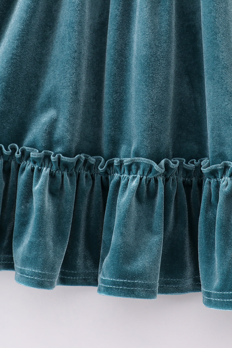 Teal Velvet Ruffle Dress