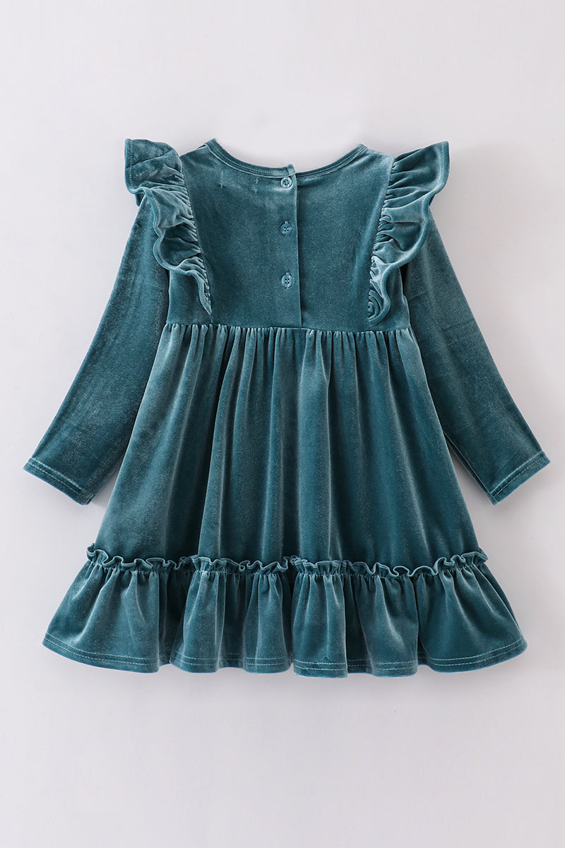 Teal Velvet Ruffle Dress